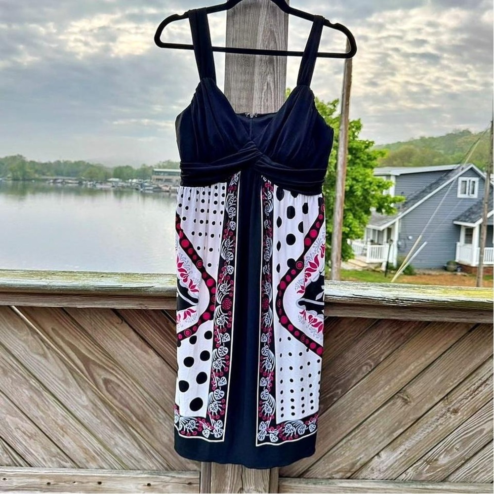 Y2K Empire Waist Dress Women's Size 10 Polka Dot Dressbarn White Black Preppy